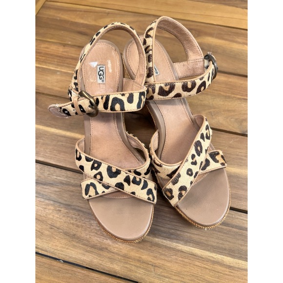 UGG Jasmine Leopard Print SZ 8.5 Women's Calf Hair Wedge Sandals Shoes - Picture 2 of 10